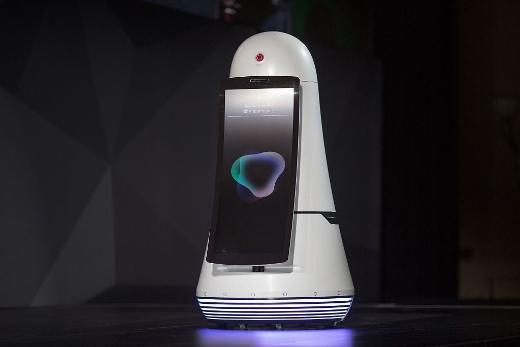 The LG Airbot airport guide robot is presented at the LG press conference at the 2017 Consumer Electronics Show (CES) in Las Vegas, Nevada on January 4, 2017. / AFP / DAVID MCNEW (Photo credit should read DAVID MCNEW/AFP/Getty Images)