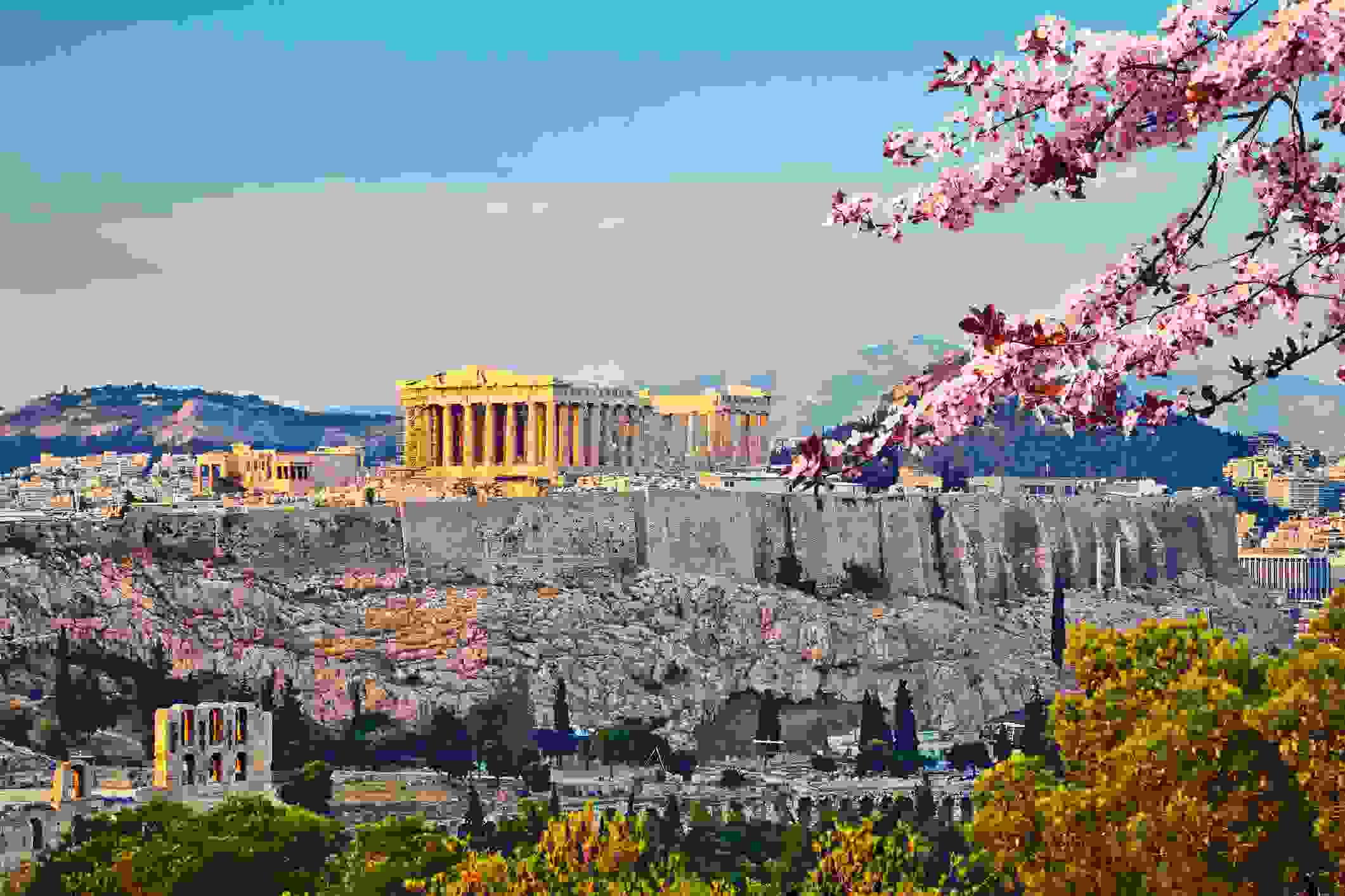 View on Acropolis at sunset in Athens, Greece.