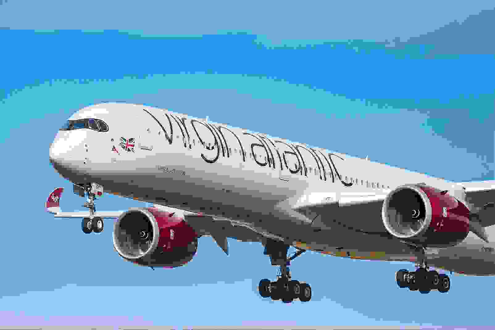 Virgin Atlantic Airways Airbus A350-1000 aircraft as seen on final approach arriving and landing at JFK John F. Kennedy International Airport in NYC, New York, USA. The airplane has the registration G-VPOP, the name Mamma Mia, 2x RR Jet engines. Virgin Atlantic Airways VS VIR is a British Airline Carrier connecting New York City to the London Gatwick, London Heathrow and Manchester UK. (Photo by Nicolas Economou/NurPhoto via Getty Images)