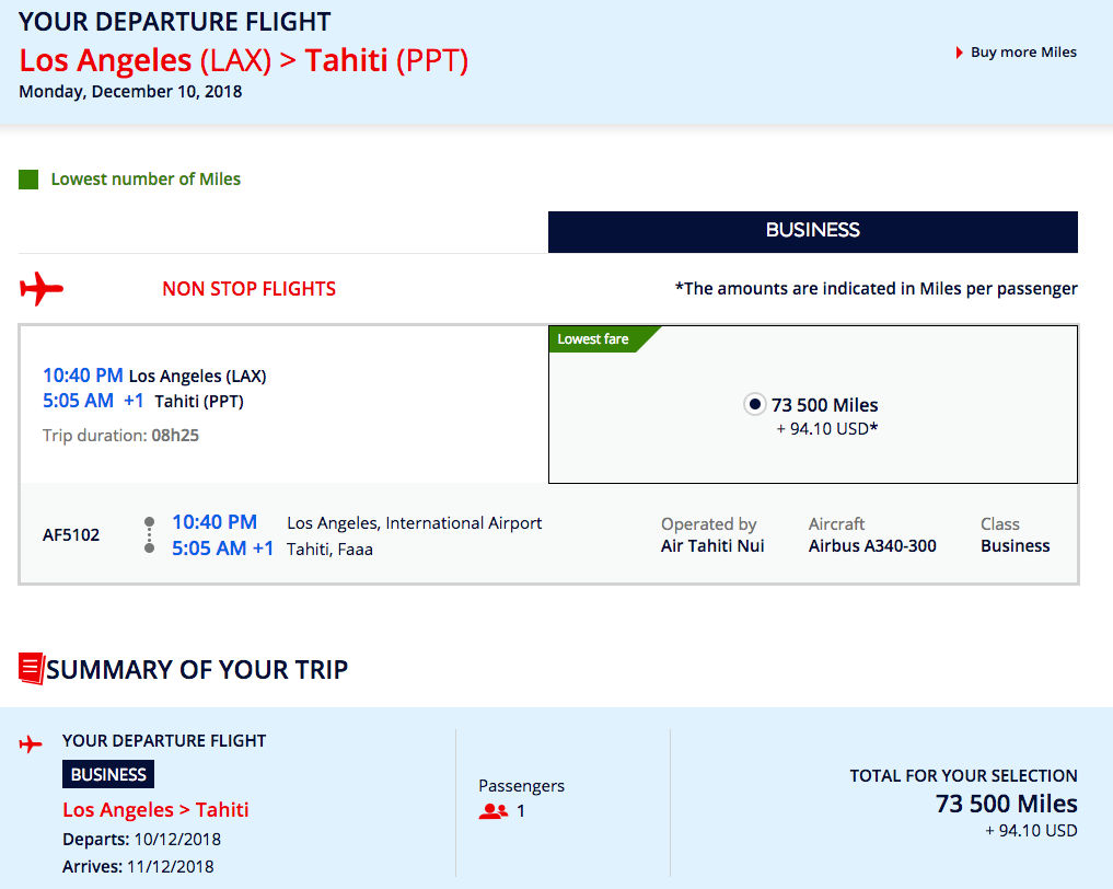 Flying Blue now displays dynamic award pricing, but this is the lowest we found for an Air Tahiti Nui business class ticket