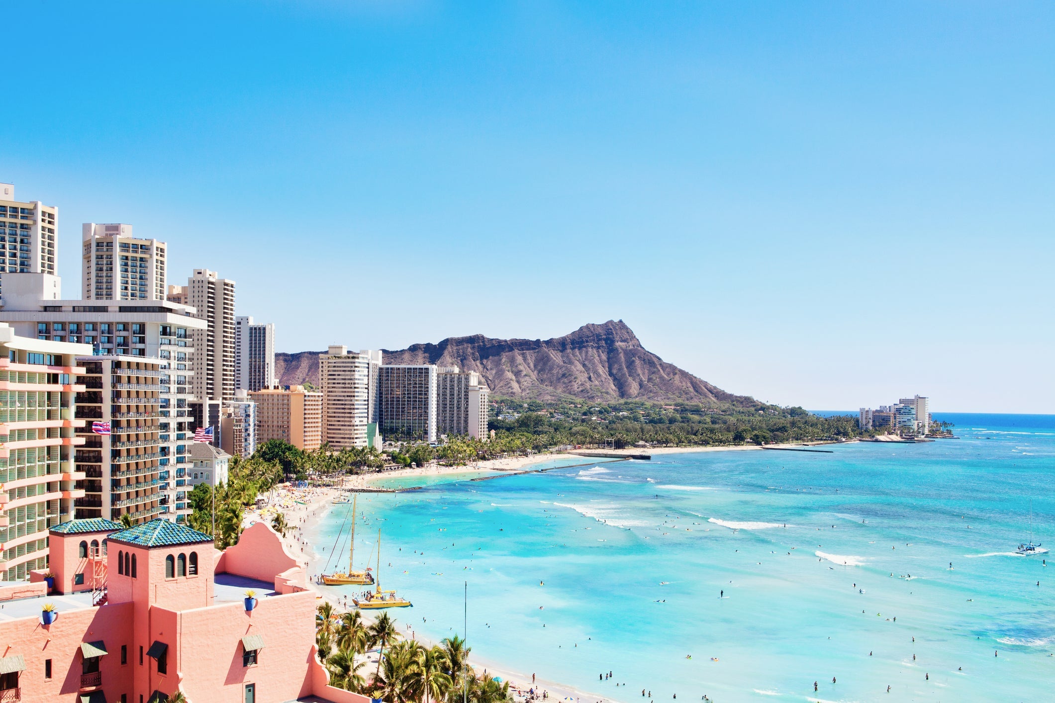 travel destination Waikiki Beach and Diamond Head resorts in Oahu, Hawaii, USA