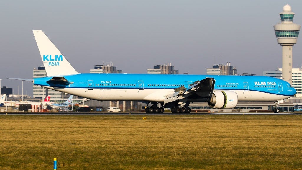 A KLM Boeing 777-300ER aircraft landed in Schiphol airport