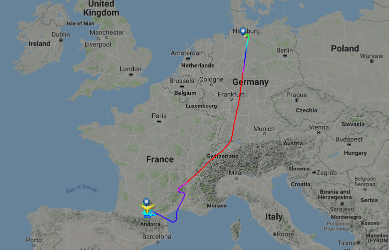 ANA's A380 made its way from Hamburg to Toulouse for its maiden voyage. Image by FlightRadar24.