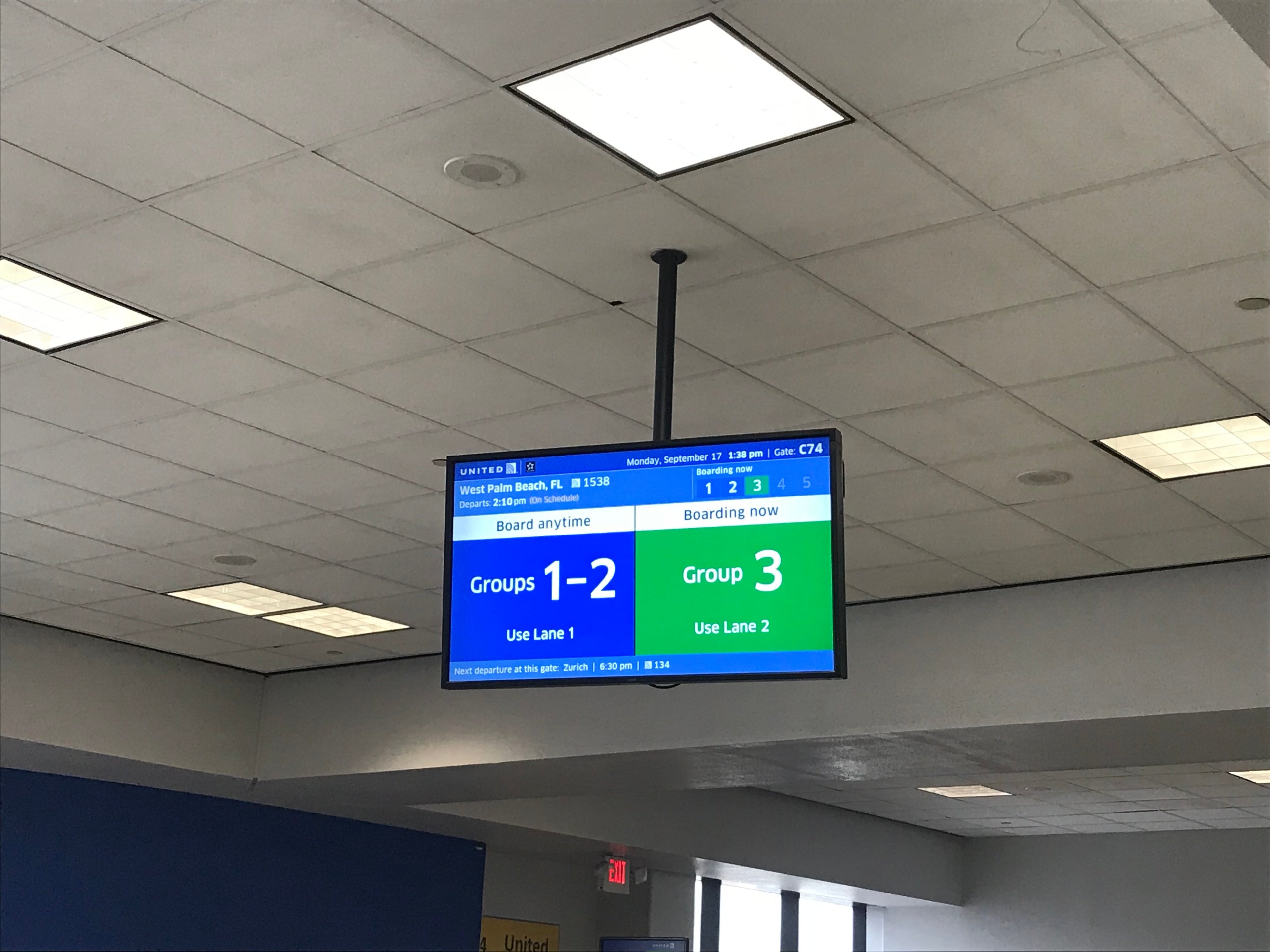 Updated computer screen indicating it is time for group 3 to board.