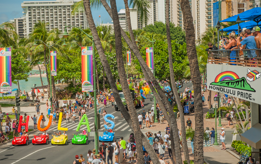 Honolulu's Pride parade marches through Waikiki. Photo courtesy of Hawaii's LGBT Legacy Foundation.