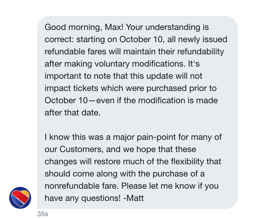 My exchange with Matt from Southwest Airlines's Twitter team
