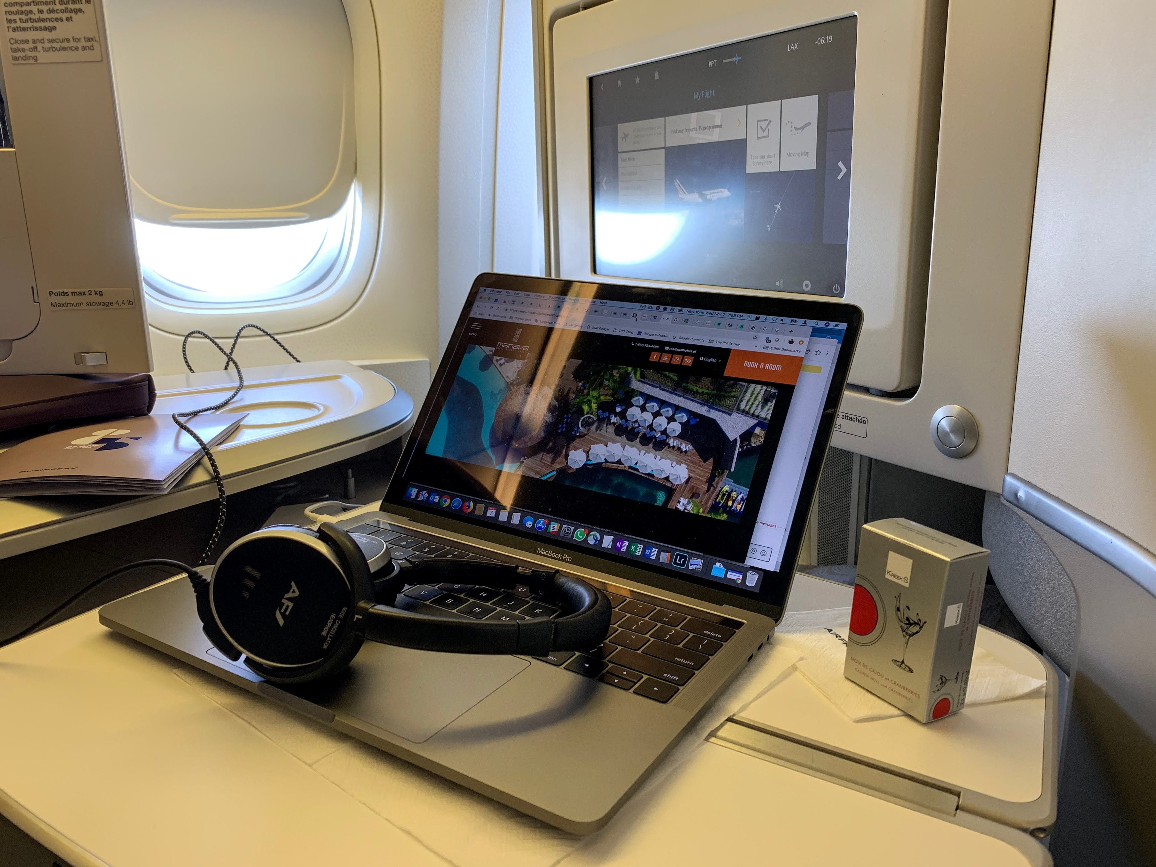 Air France Boeing 777 Business Class Seat headphones and laptop
