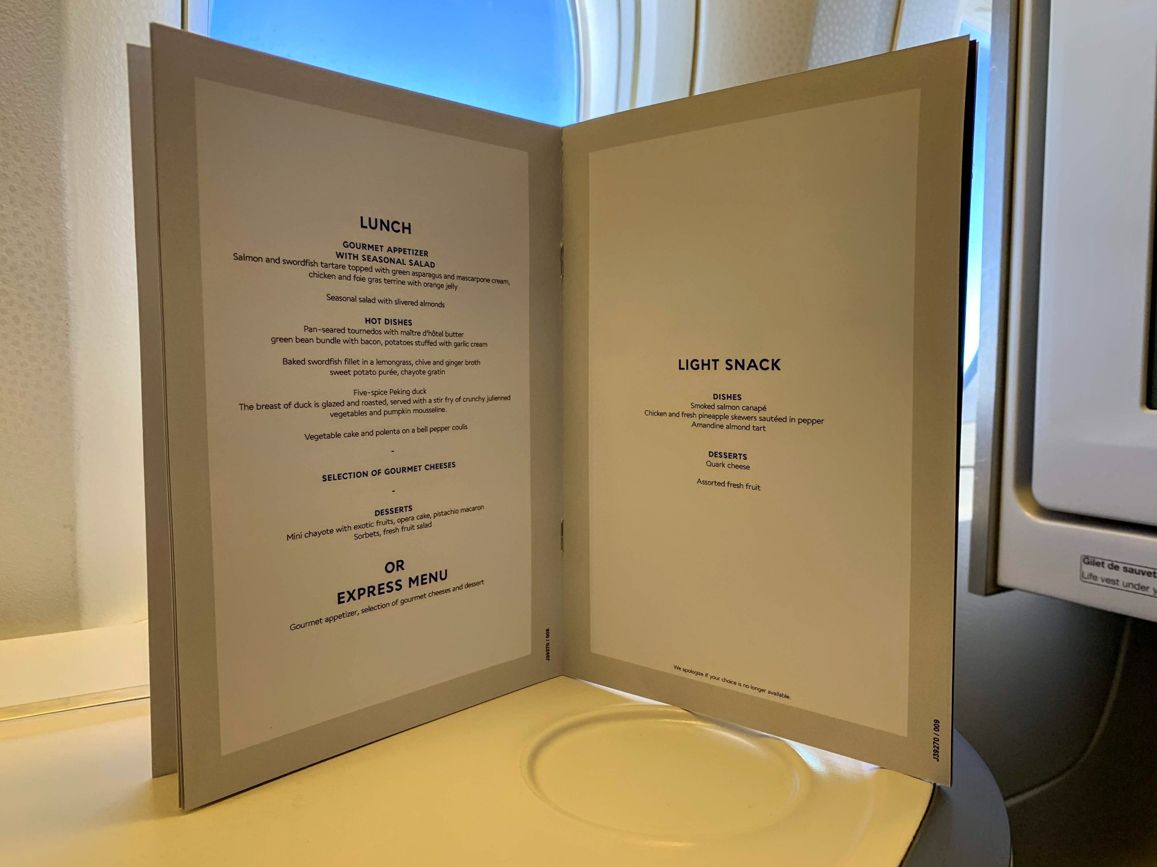 Air France Boeing 777 Business Class menu description