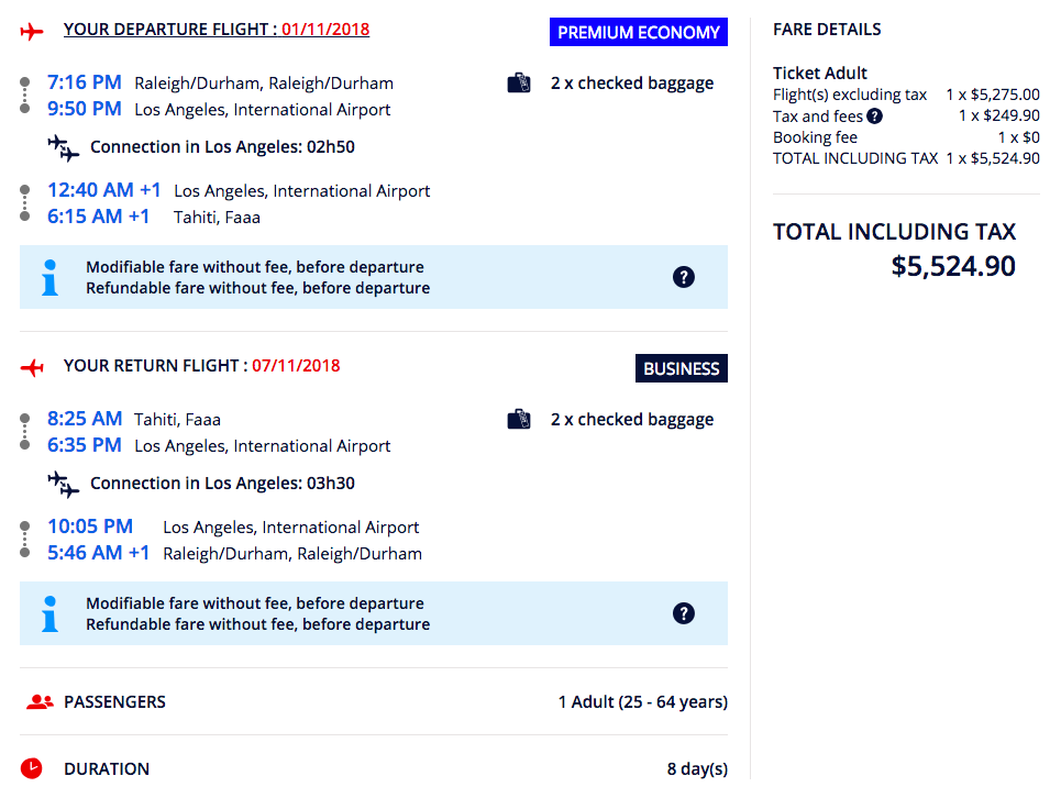 The final, purchased round-trip itinerary to Tahiti and back