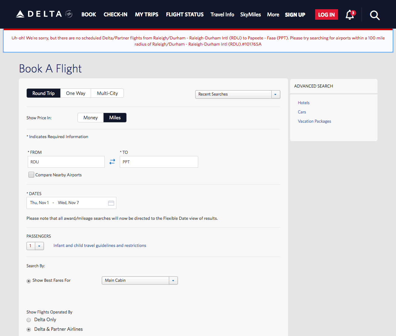 The dreaded "Uh-oh!" error page when trying to purchase my airfare on Delta.com