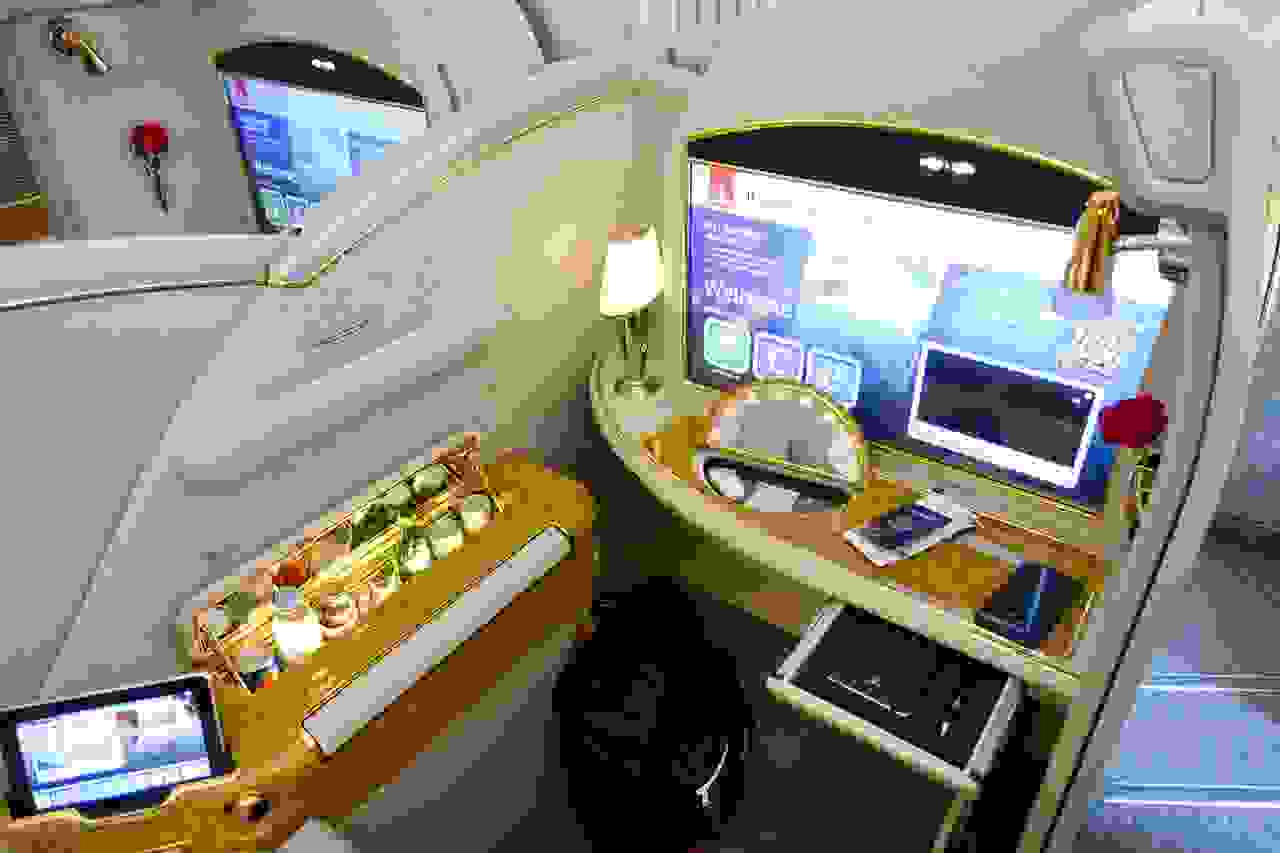 Emirates A380 First Class. Photo by Brian Kelly / The Points Guy