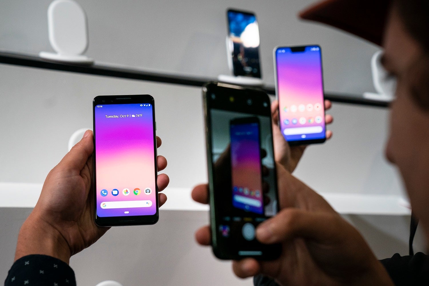 NEW YORK, NY - OCTOBER 9: A guest takes pictures of the new Google Pixel 3 smartphone during a Google product release event, October 9, 2018 in New York City. The phones will go on sale on October 18 for a base starting retail price of $799 for the Pixel 3 and $899 for the Pixel 3 XL. Google also released a new tablet called the Pixel Slate and the Google Home Hub. (Photo by Drew Angerer/Getty Images)