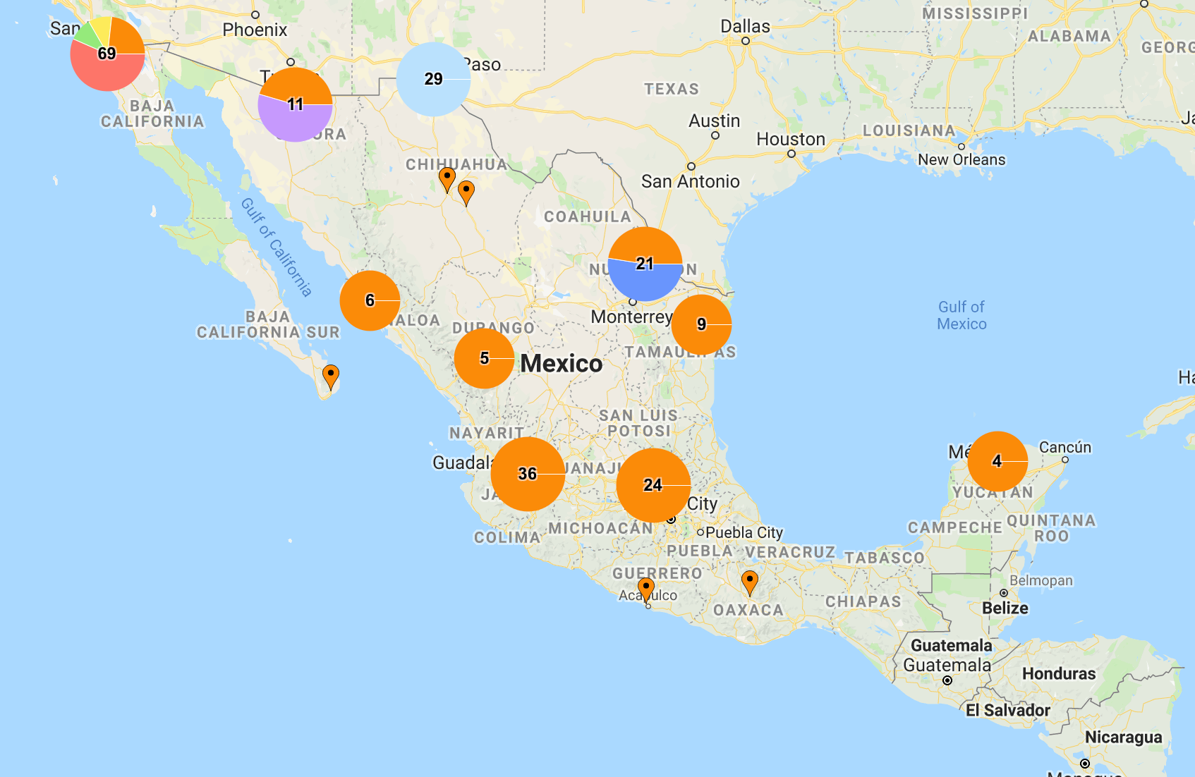 Map of Homicides Involving US Citizens in Mexico (Image from The Houston Chronicle)