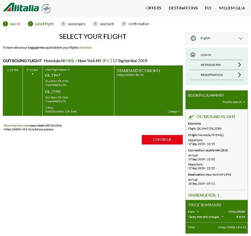 Redeem your Alitalia rewards to travel to and from Hawaii on Delta for just 20,000 miles each way, with no fuel surcharges.