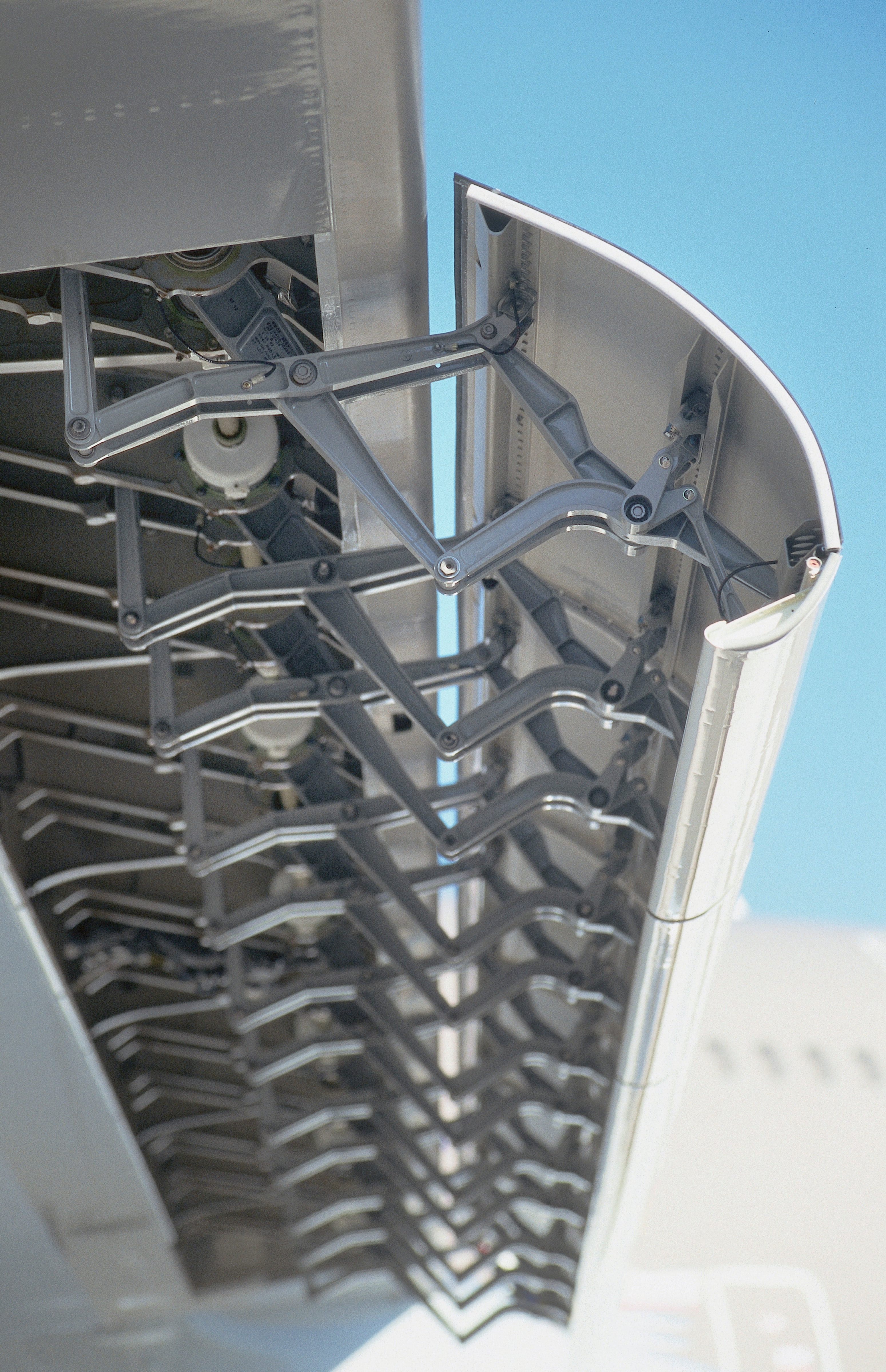 wing leading edge slats deployed showing extension mechanism of an Asiana Airlines Boeing 747-400. (Photo by: aviation-images.com/UIG via Getty Images)
