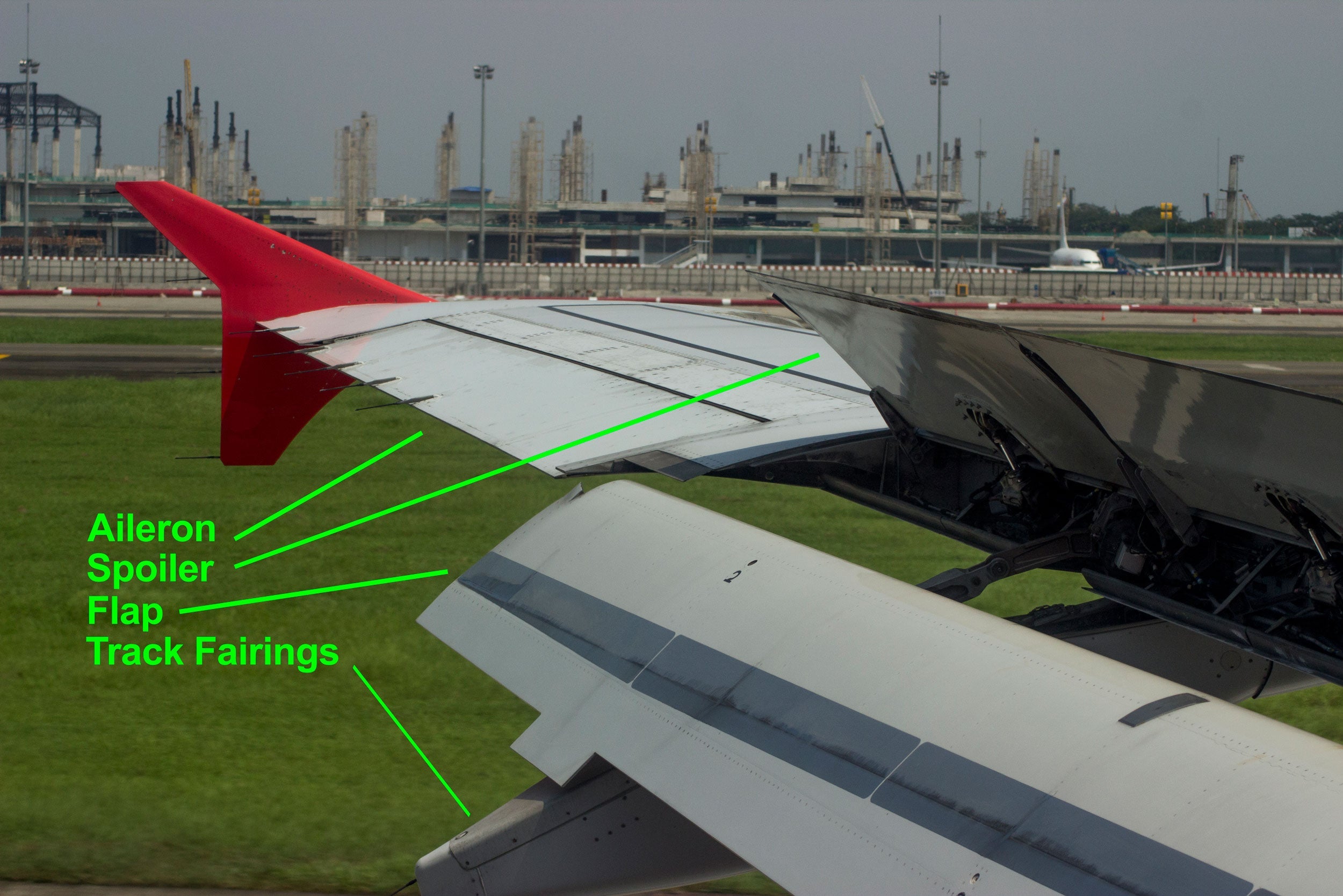 The parts of the wing, from seat 18A. Getty Images, modified by author.