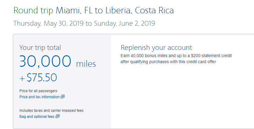 30,000 AA miles roundtrip MIA-LIR.