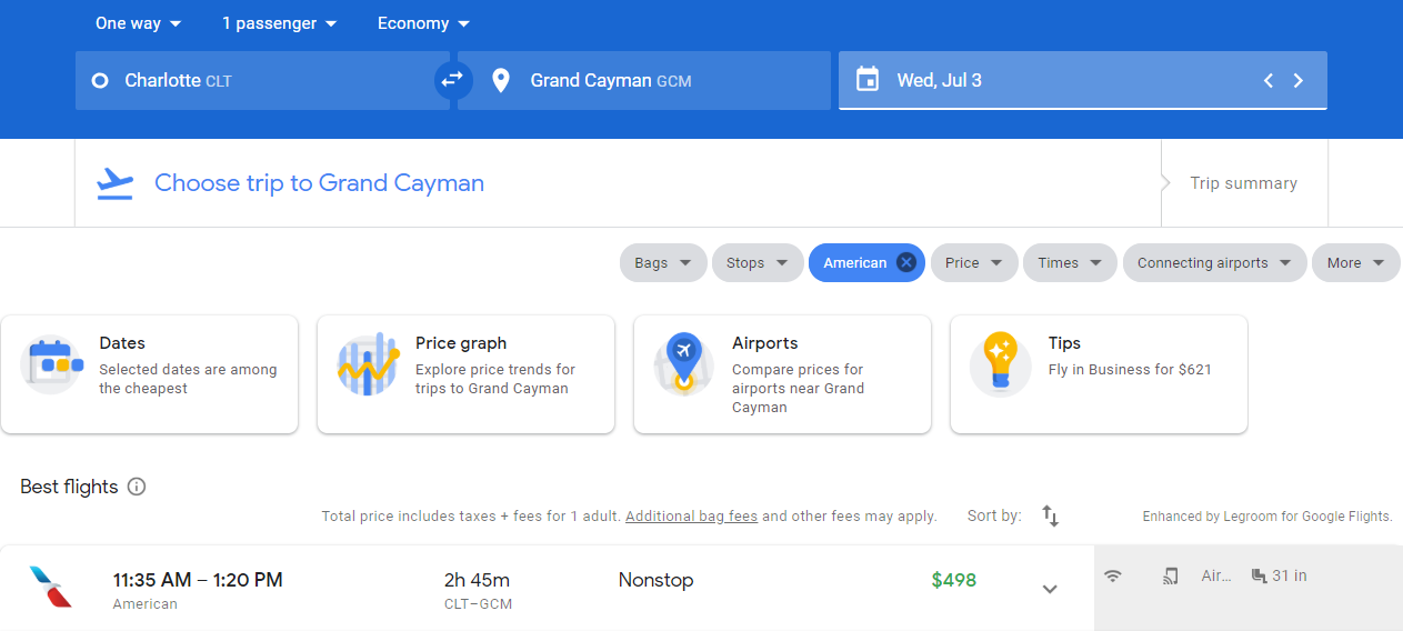 $498 one-way from Charlotte to Grand Cayman.