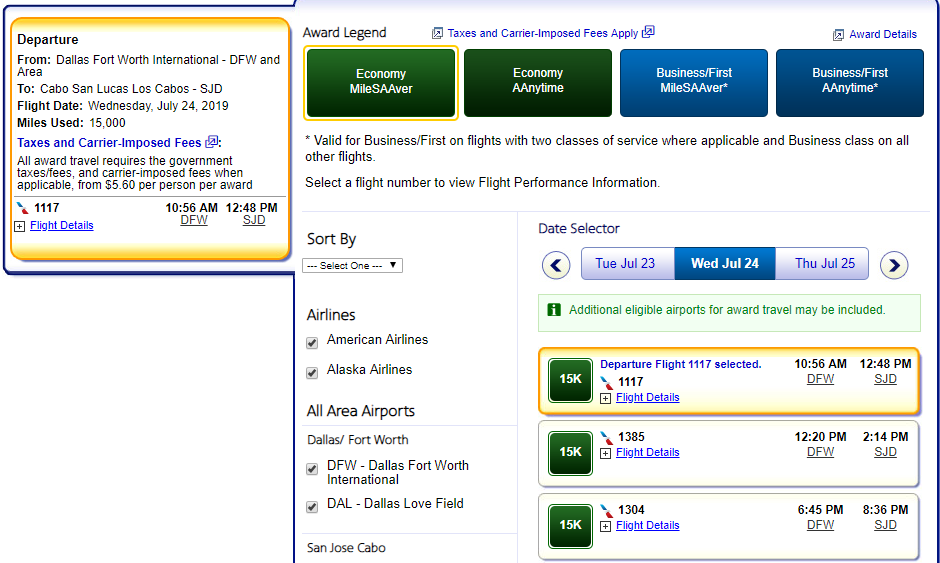 High fares for Dallas (DFW) to Cabo San Lucas (SJD) in July.