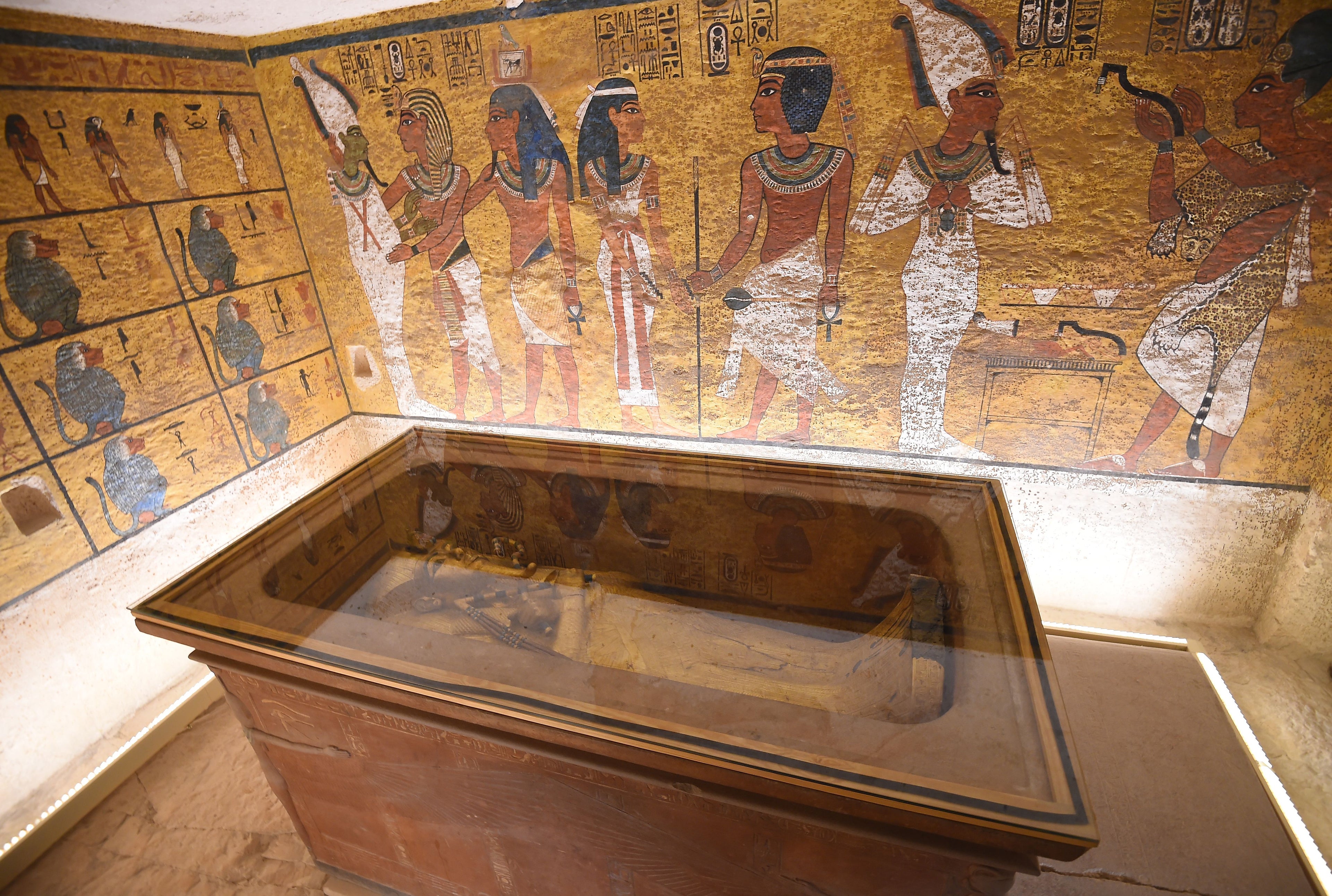 The golden sarcophagus of the pharaoh Tutankhamun, still located in his tomb in the Valley of the Kings