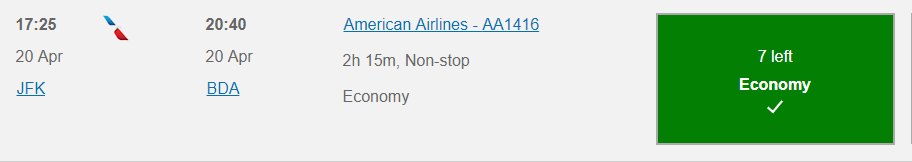 7,500 avios to Bermuda from NYC on Spring Break
