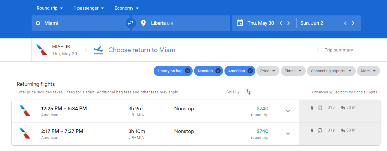 $740 fare from Miami to Liberia, Costa Rica is usually the norm for this route.