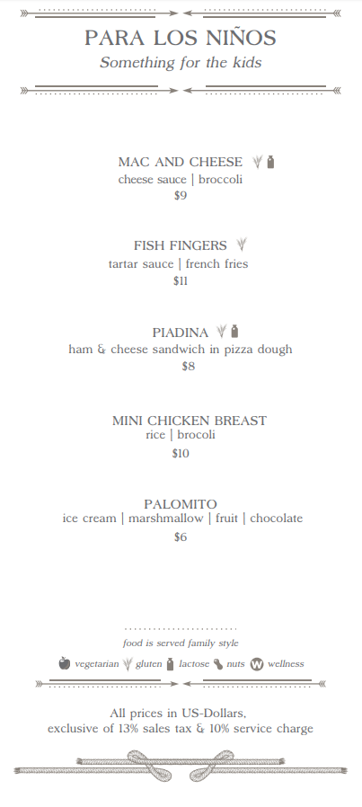 kids menu andaz papagayo