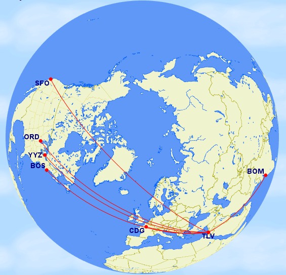 El Al's initial 787-8 routes (rendering courtesy of Great Circle Mapper)