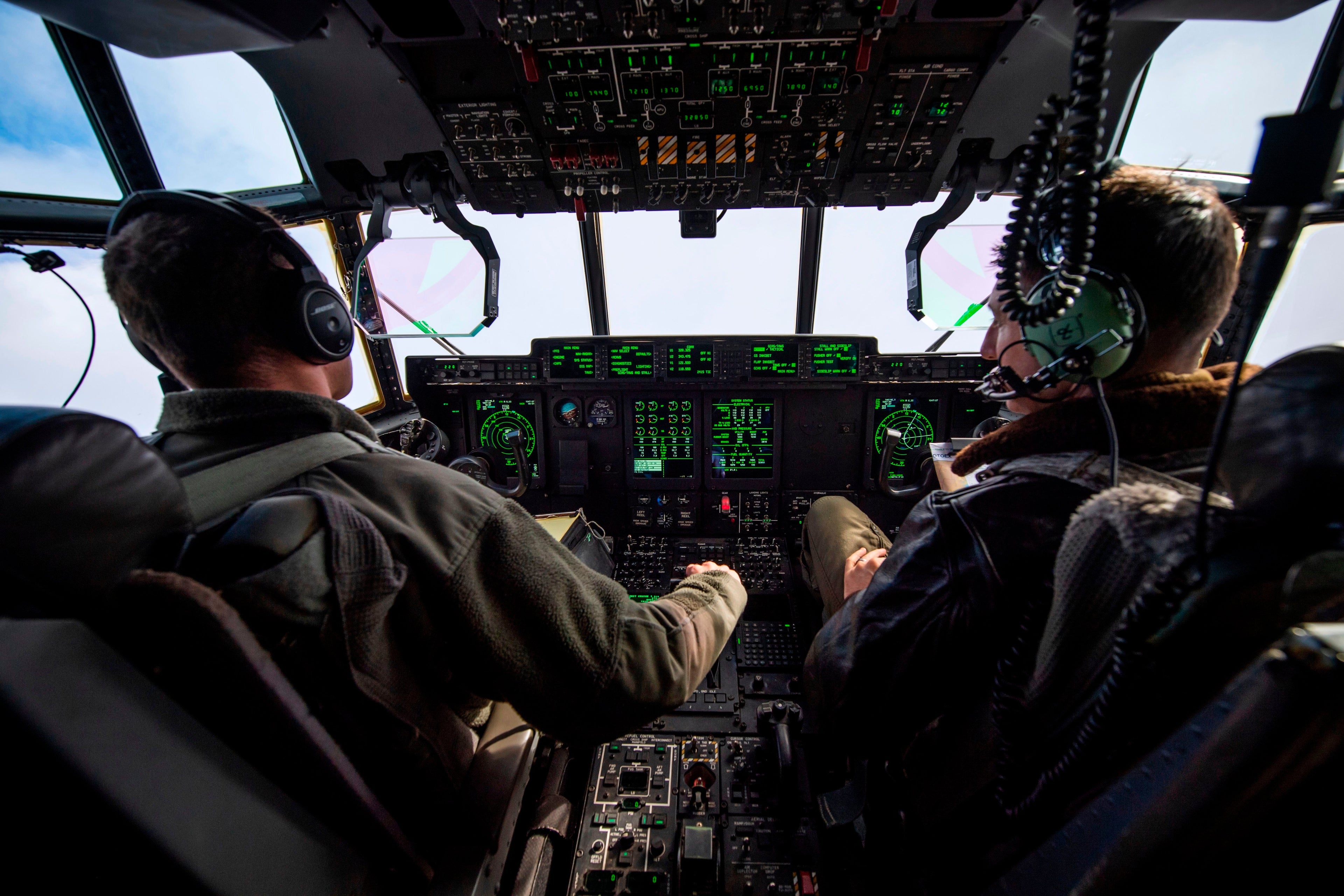 Pilots from the US Marines fly a C-130 transport aircraft as part of the NATO Trident Juncture 2018 exercise departing from Orland Air Base near Brekstad, Norway, October 31, 2018. - Trident Juncture 2018, is a NATO-led military exercise held in Norway from 25 October to 7 November 2018. The exercise is the largest of its kind in Norway since the 1980s. Around 50,000 participants from NATO and partner countries, some 250 aircraft, 65 ships and up to 10,000 vehicles take part in the exercise. The main goal of Trident Juncture is allegedly to train the NATO Response Force and to test the alliance's defence capability. (Photo by Jonathan NACKSTRAND / AFP) (Photo credit should read JONATHAN NACKSTRAND/AFP/Getty Images)
