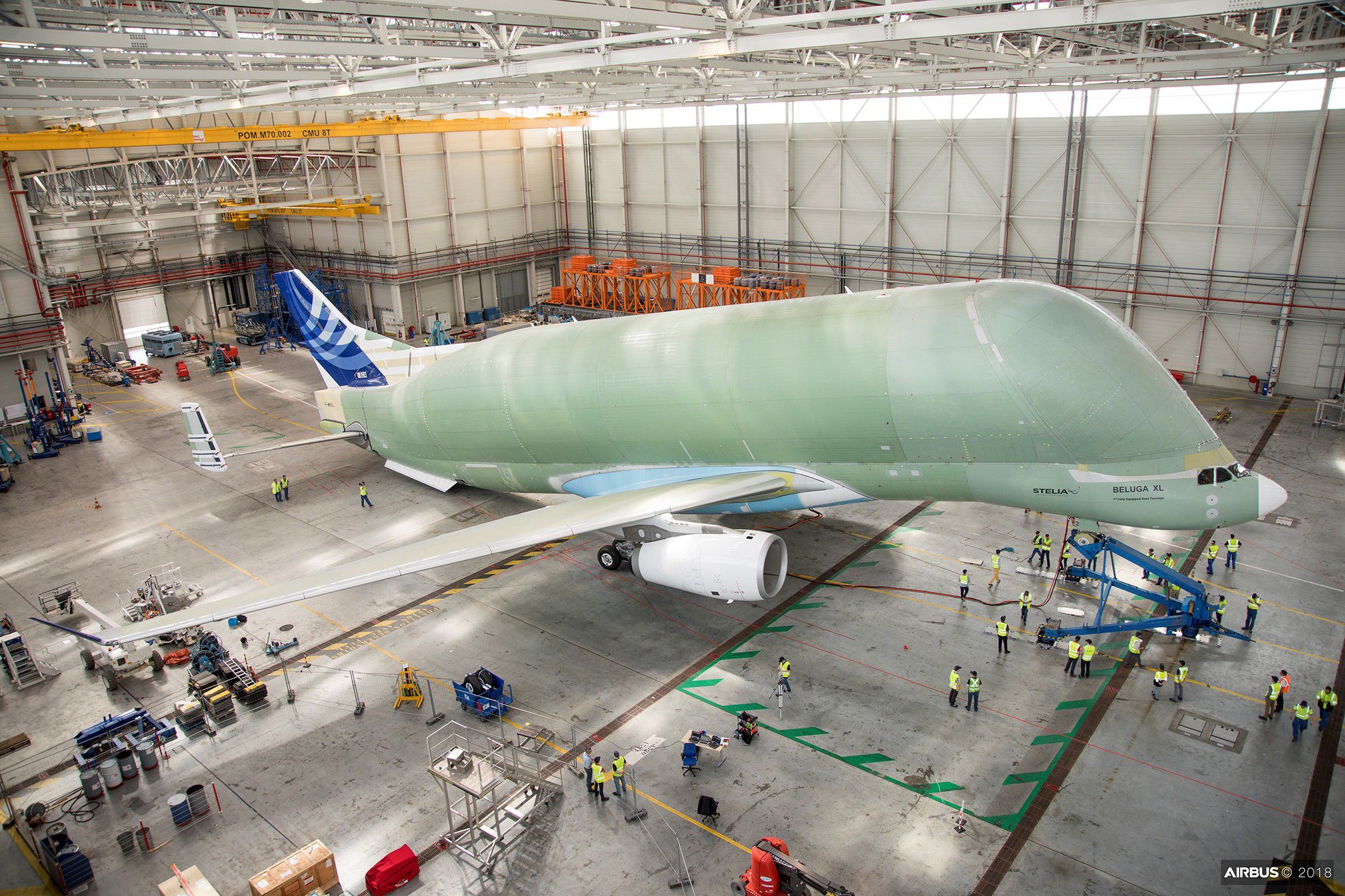 The ground test team works to determine the Airbus BelugaXL's empty-weight centre of gravity by lifting the aircraft's nose by 3.5 metres; this marked a key milestone ahead of the BelugaXL's first flight, planned for Summer 2018 (Photo courtesy of Airbus)