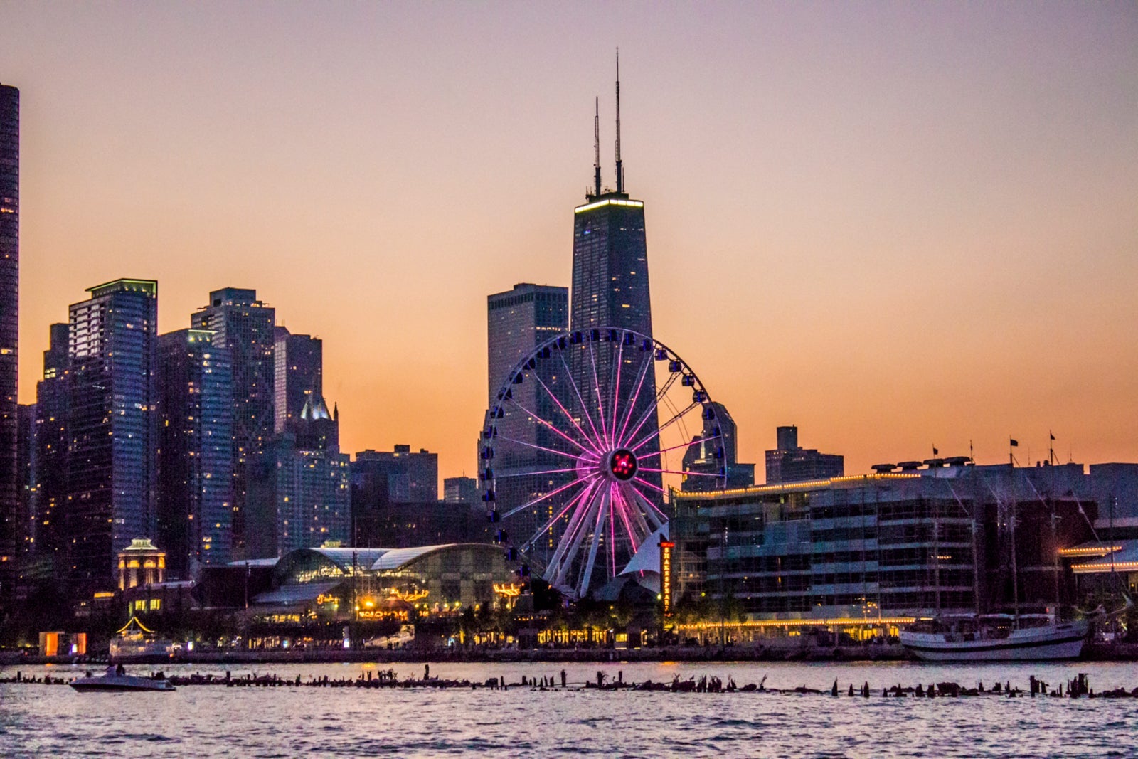 A view at dusk of the Centennial Wheel on Navy Pier. (Photo by Gautam Krishnan / Unsplash)