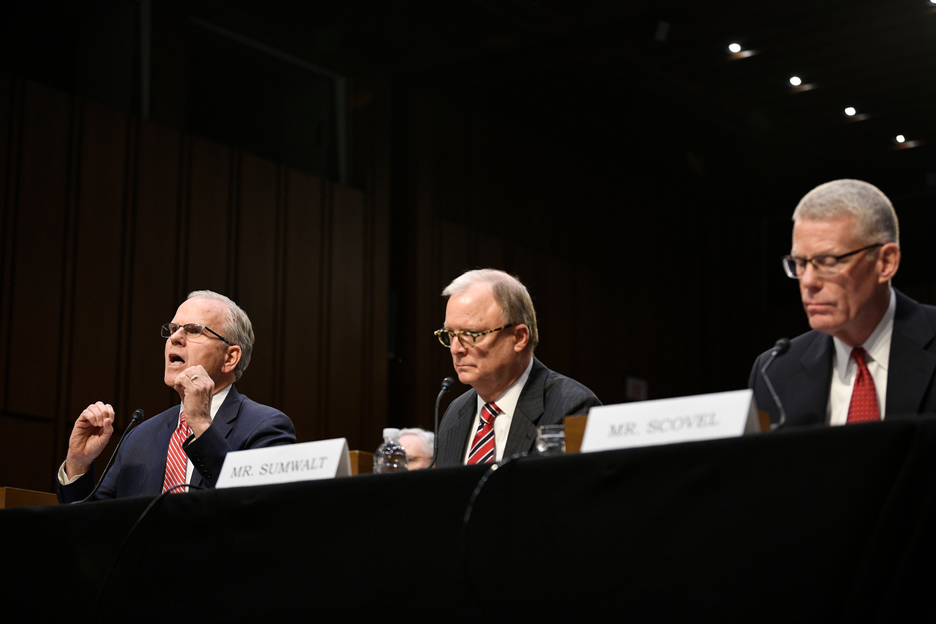 WASHINGTON, March 27, 2019 -- Daniel Elwell L, acting administrator of the U.S. Federal Aviation Administration, Robert Sumwalt C, Chairman of the U.S. National Transportation Safety Board (NTSB), and Calvin Scovel, the U.S. Transportation Department's inspector general, attend a Senate Commerce Committee hearing on airline safety in Washington D.C., the United States, on March 27, 2019. The U.S. Federal Aviation Administration (FAA) on Wednesday vowed to revamp its air safety oversight after two deadly crashes involving Boeing 737 Max jets in less than five months pointed to possible lapses in the aircraft approval process. (Xinhua/Liu Jie) (Xinhua/ via Getty Images)