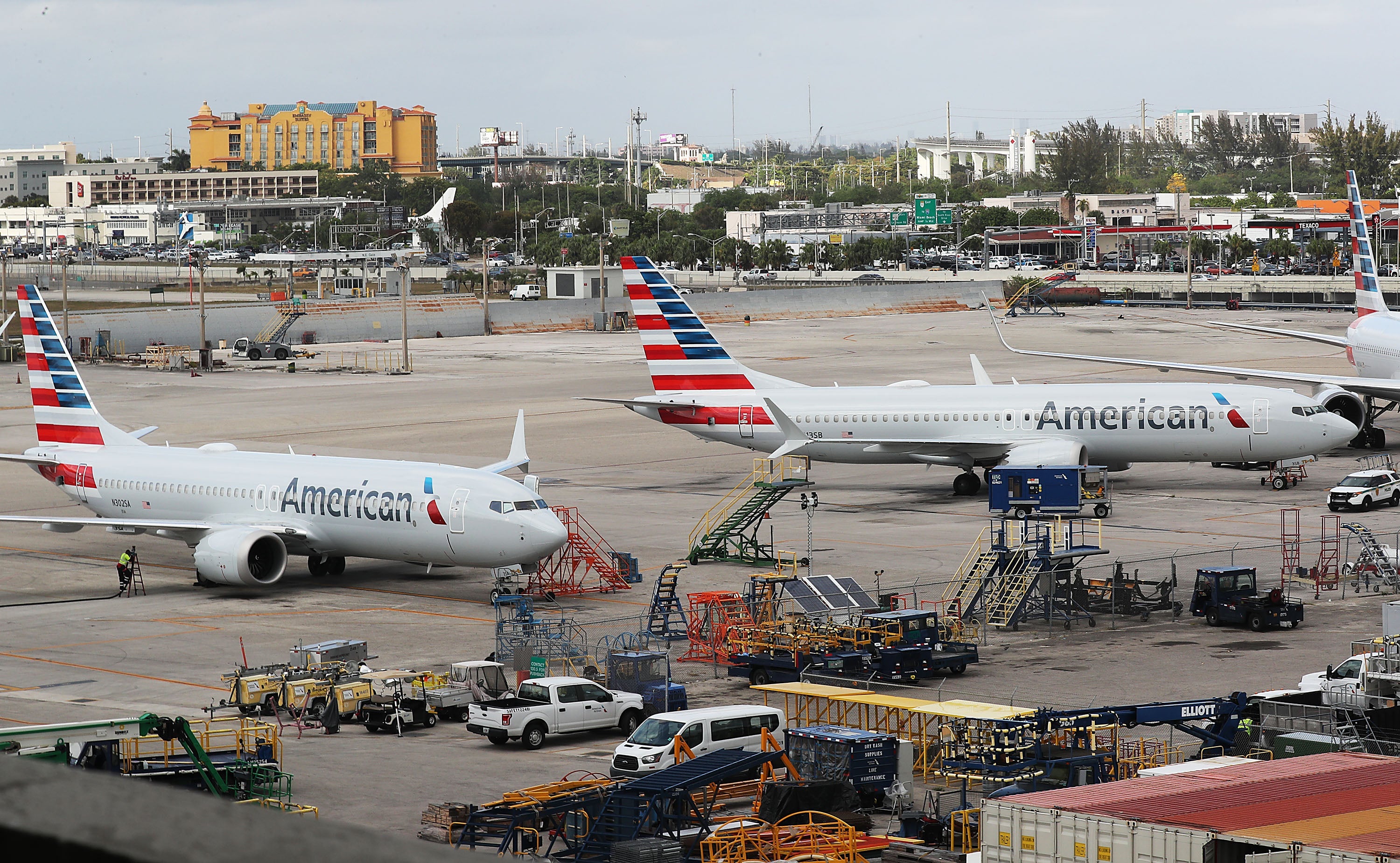 MIAMI, FL - MARCH 14: Two grounded American Airlines Boeing 737 Max 8 are seen parked at Miami International Airport on March 14, 2019 in Miami, Florida. The Federal Aviation Administration grounded the entire United States Boeing 737 Max fleet. (Photo by Joe Raedle/Getty Images)
