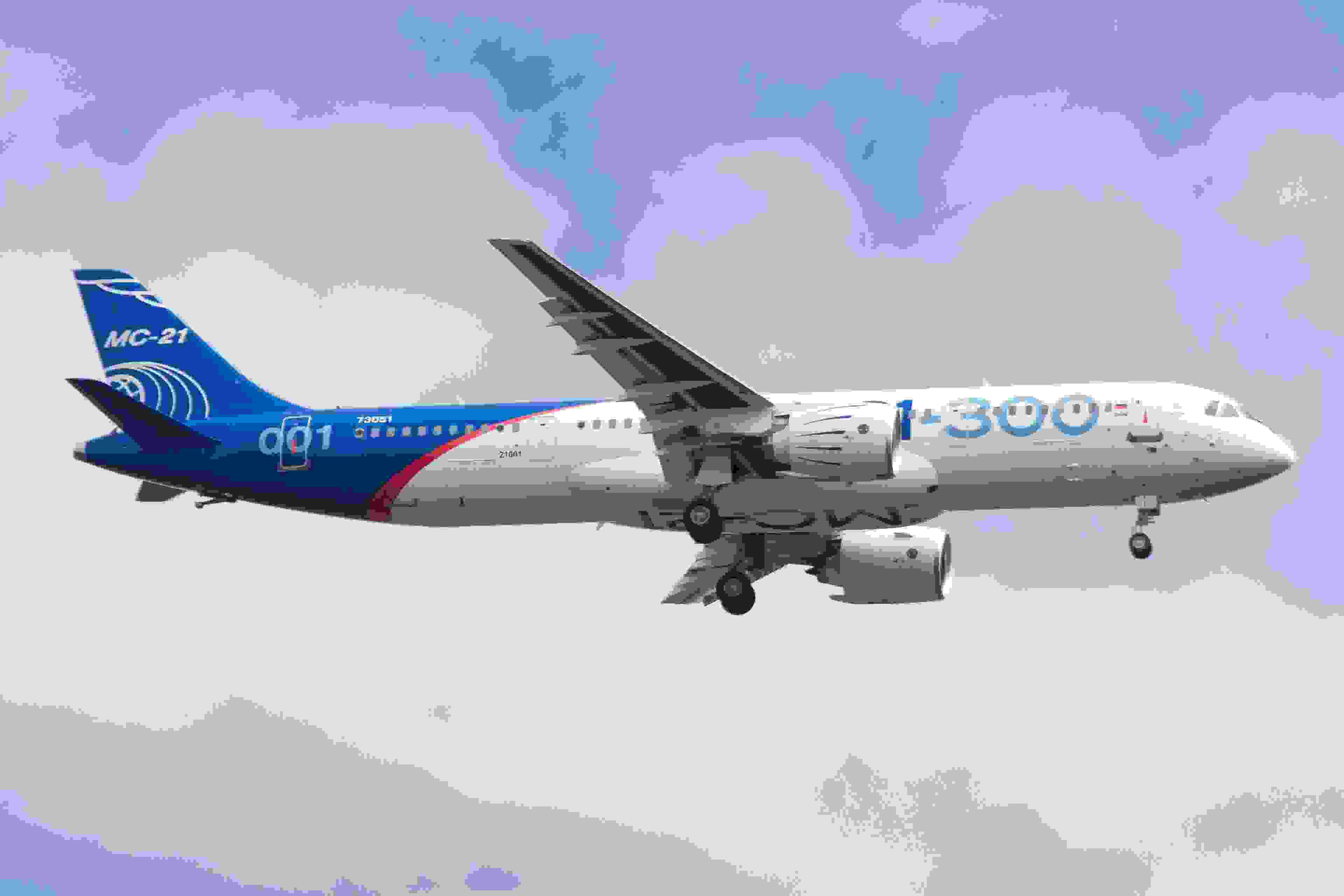 IRKUTSK, RUSSIA - MAY 28, 2017: A new Russian-made Irkut MC-21-300 twinjet airliner performs its first test flight at the Irkutsk Aviation Plant airfield. MC-21 is a project of the short- and medium-range (~6,000 km - 3,700 miles) narrow-body jet airliner. Vladimir Baikalsky/TASS (Photo by Vladimir BaikalskyTASS via Getty Images)