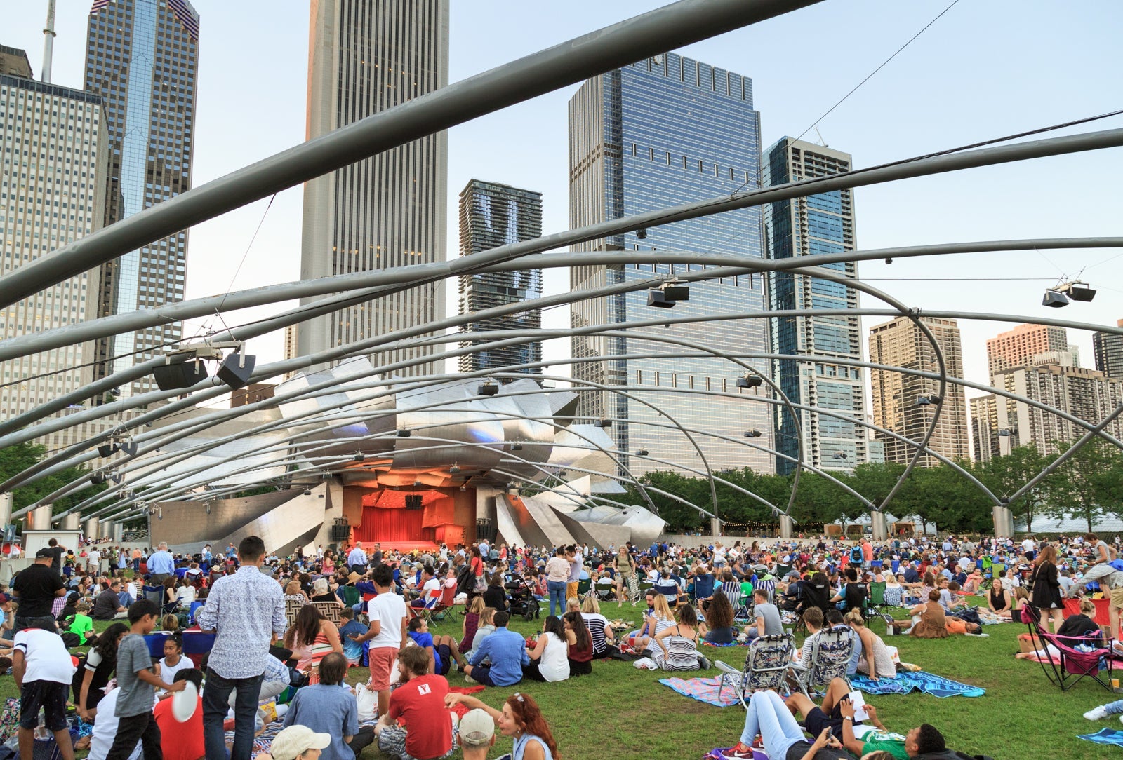 A crowd watching the Grant Park Symphony at the Jay Pritzker Pavilion in Chicago. (Photo by Education Images/UIG via Getty Images)
