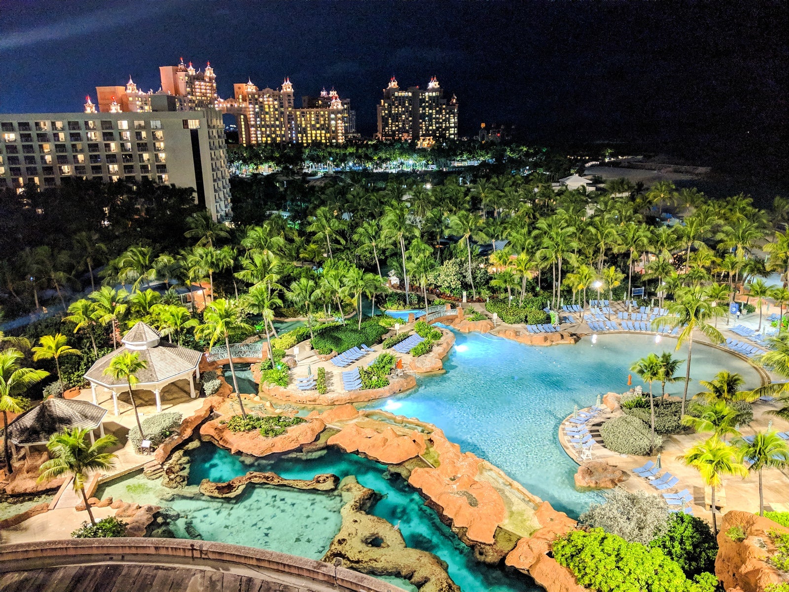 The grounds are quiet but well-lit at night.