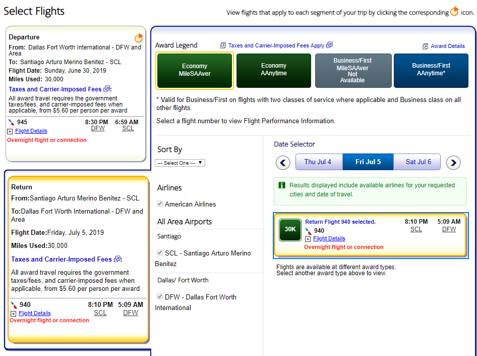 MileSAAver space from Dallas (DFW) to Santiago, Chile (SCL)