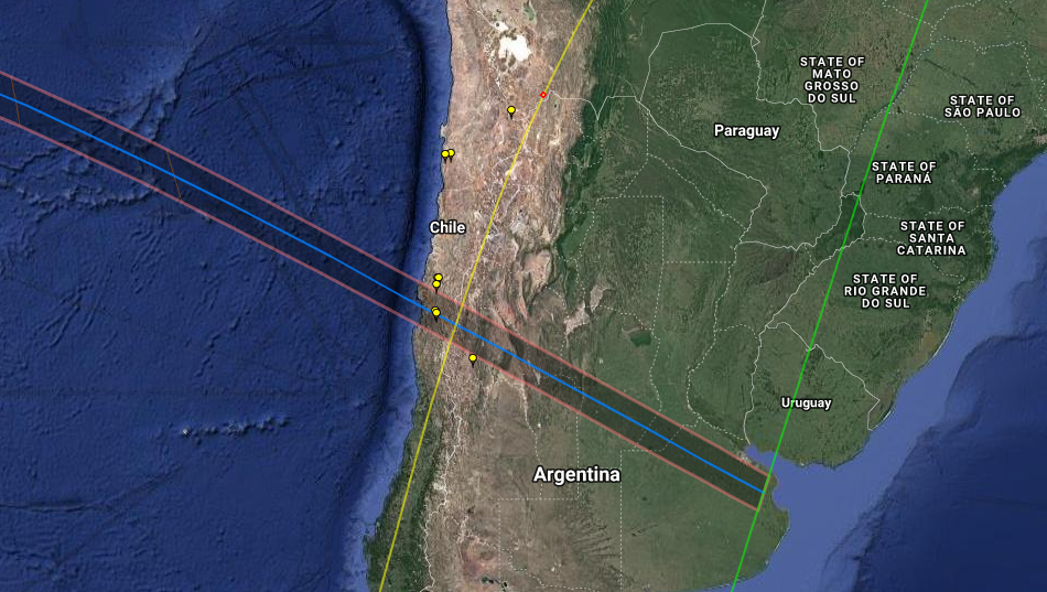 The path of totality of the next total solar eclipse passing through Chile and Argentina.