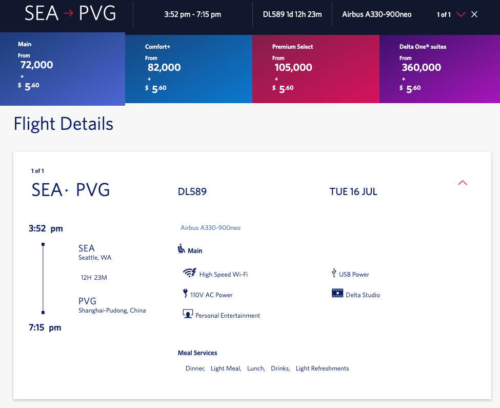 The latest SkyMiles award pricing for the new A339 inaugural, departing Seattle on July 15, 2019