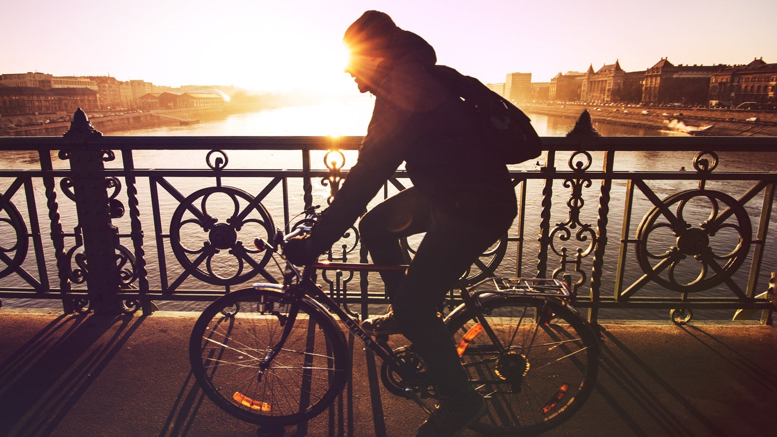 Bike rider on bridge during sunset
