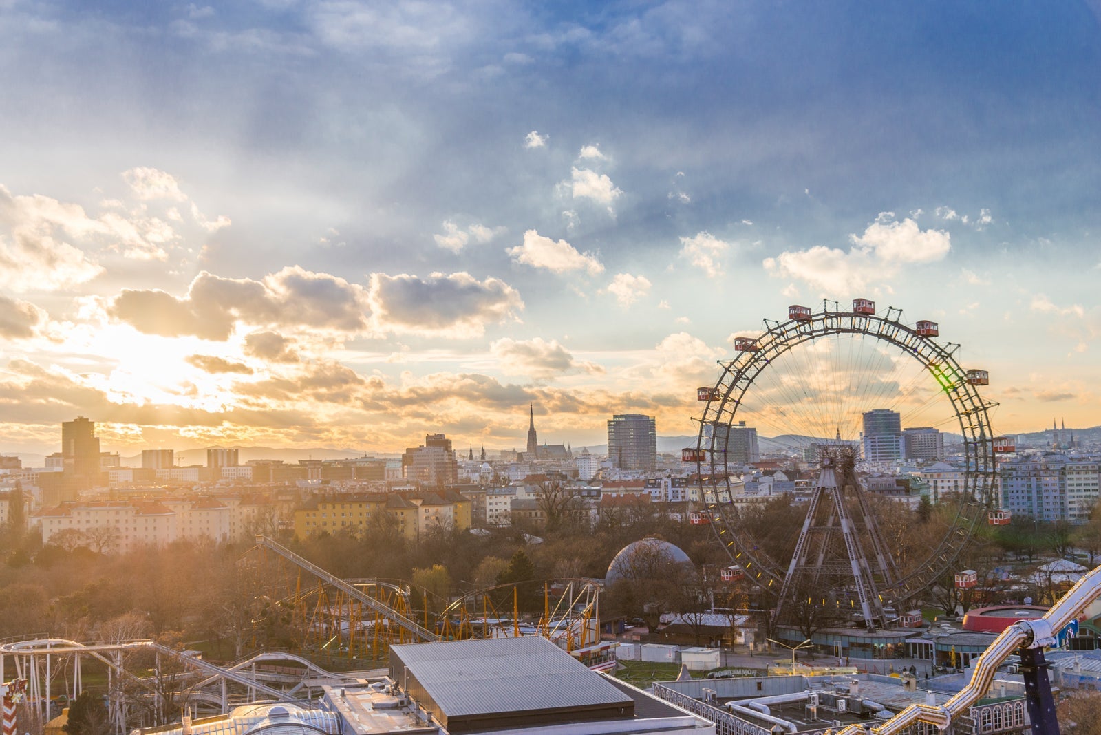 Sunset Vienna Amusement park Prater ferris wheel