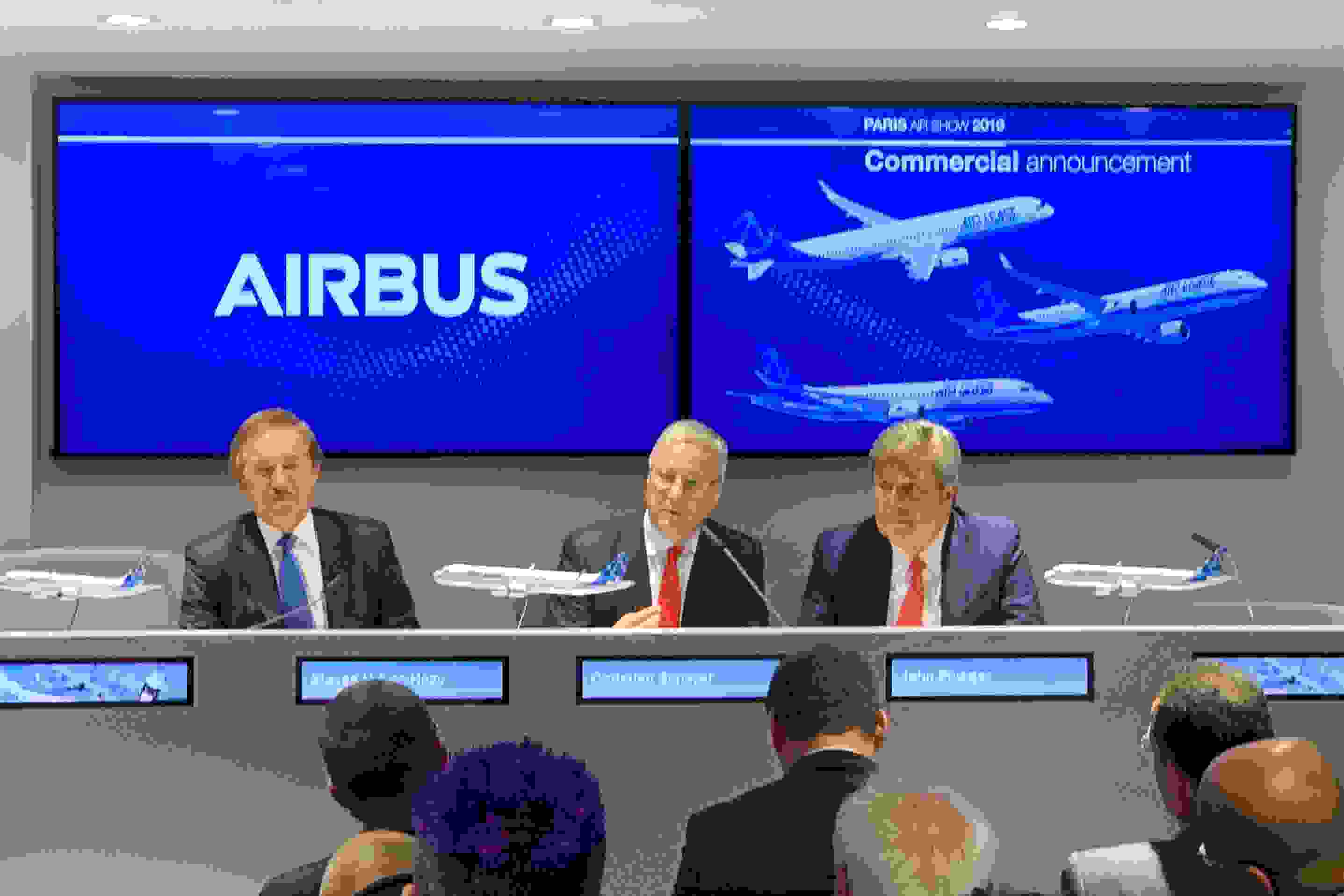 Executives introduce the A321XLR at the 2019 Paris Air Show. Photo by Zach Honig / The Points Guy.