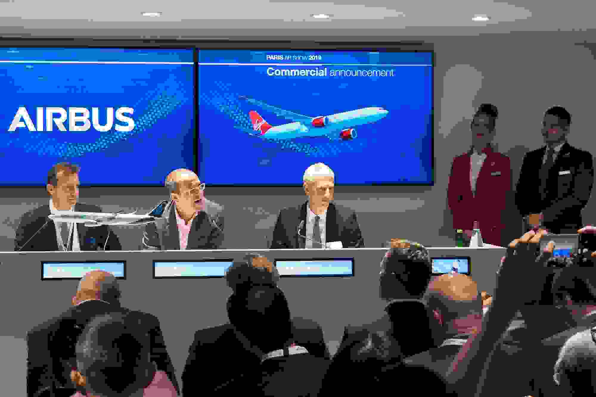 Airbus, Virgin Atlantic and Rolls-Royce executives announce an A330neo order at the 2019 Paris Air Show. Photo by Zach Honig / The Points Guy.