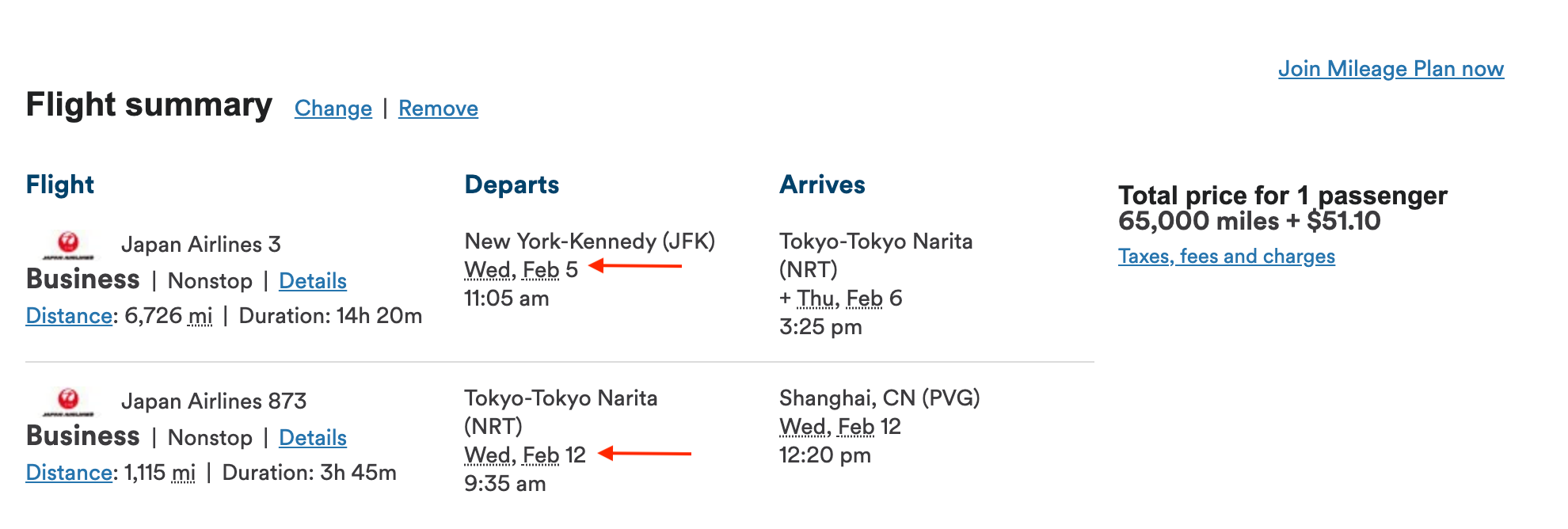 A business class award from New York to Shanghai with a one week stopover in Tokyo