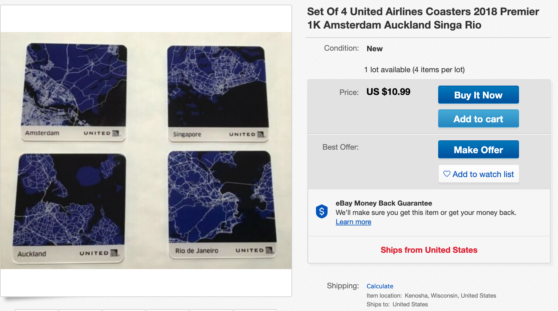 Some United 1K elites have taken to eBay to sell their surplus of coasters. (Image via eBay)