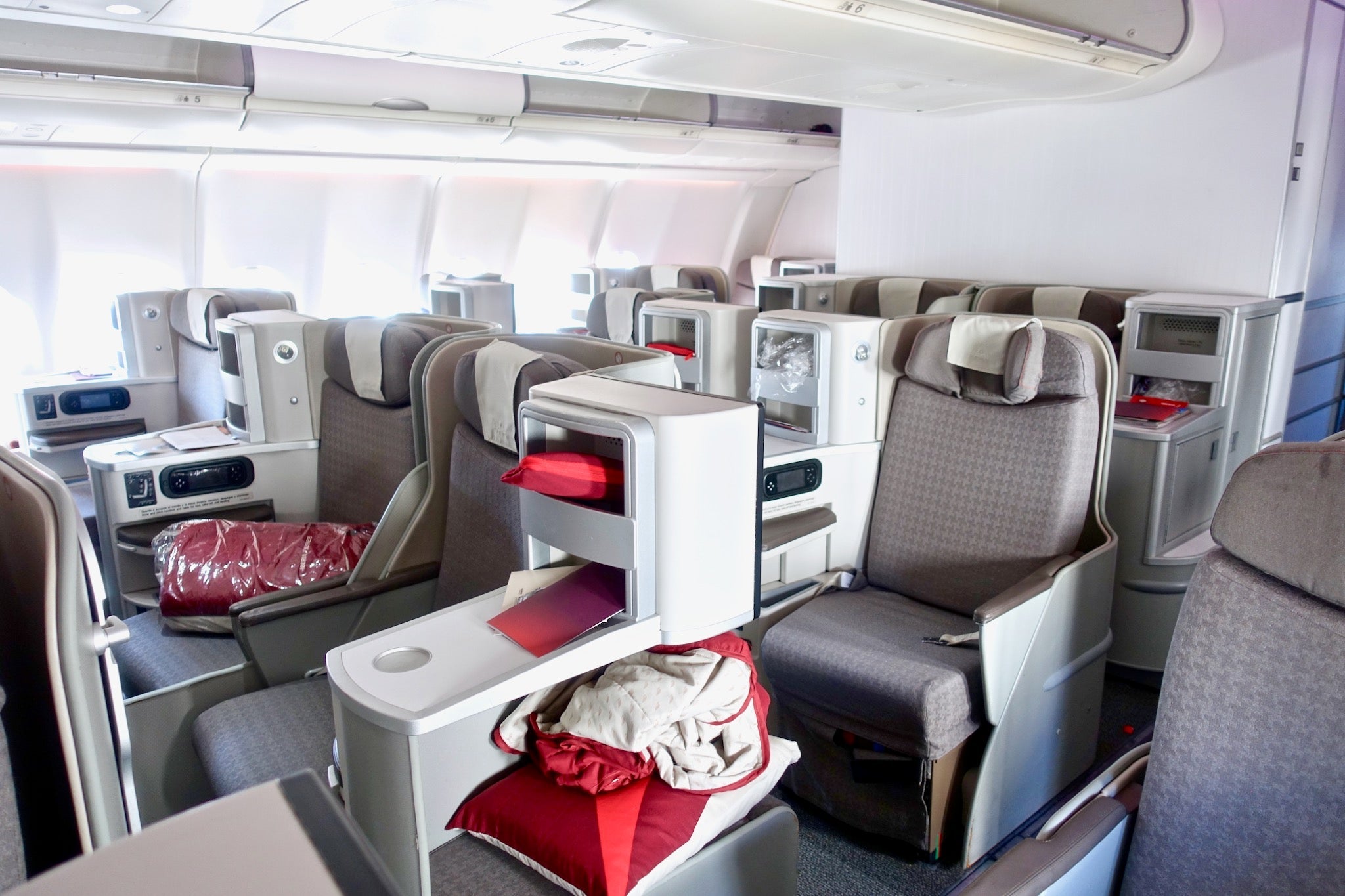 Interior of Iberia A330 business class flying to the Maldives.