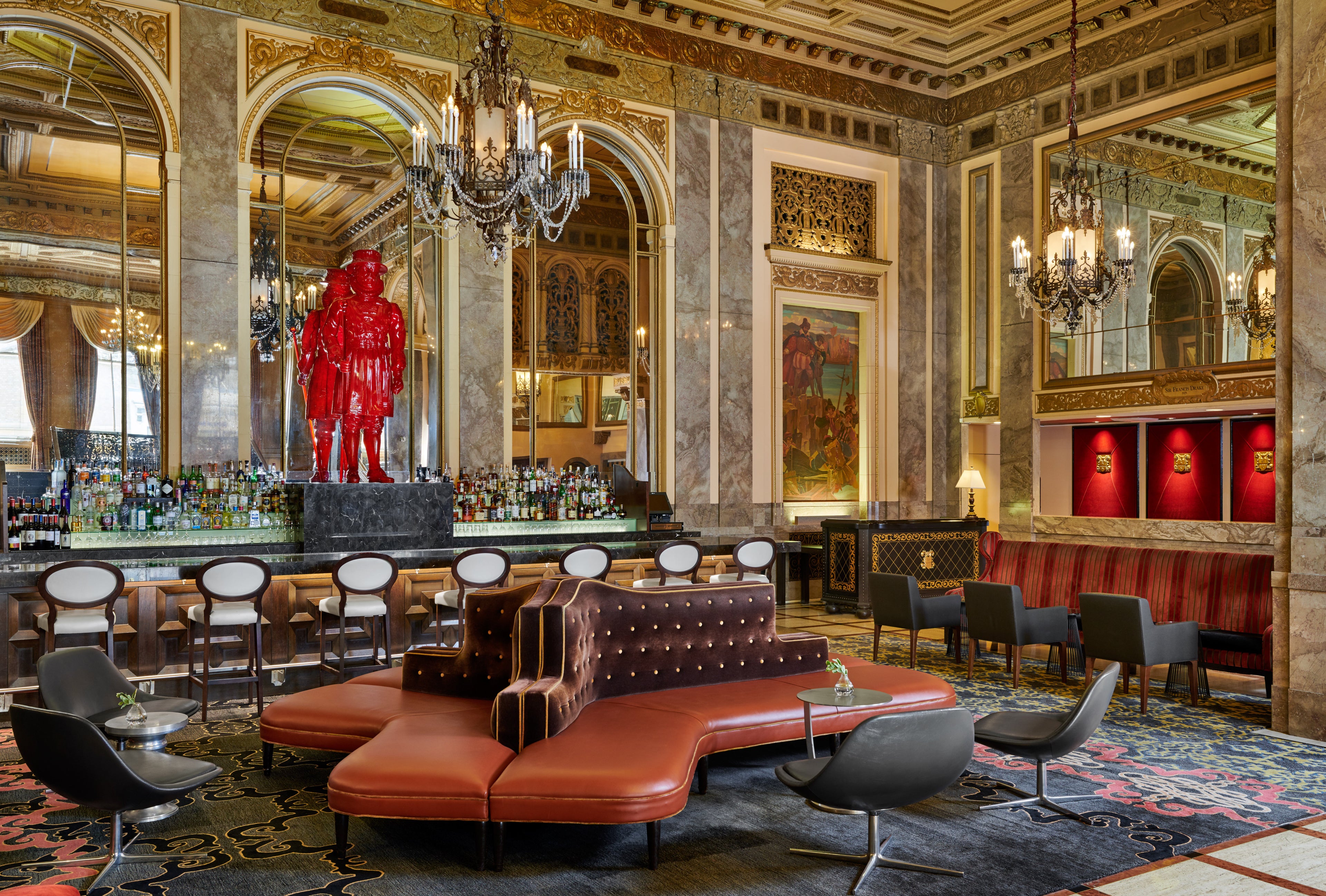 The luxurious and quirky fun lobby at Kimpton's Sir Francis Drake Hotel in Union Square (photo courtesy of the hotel)