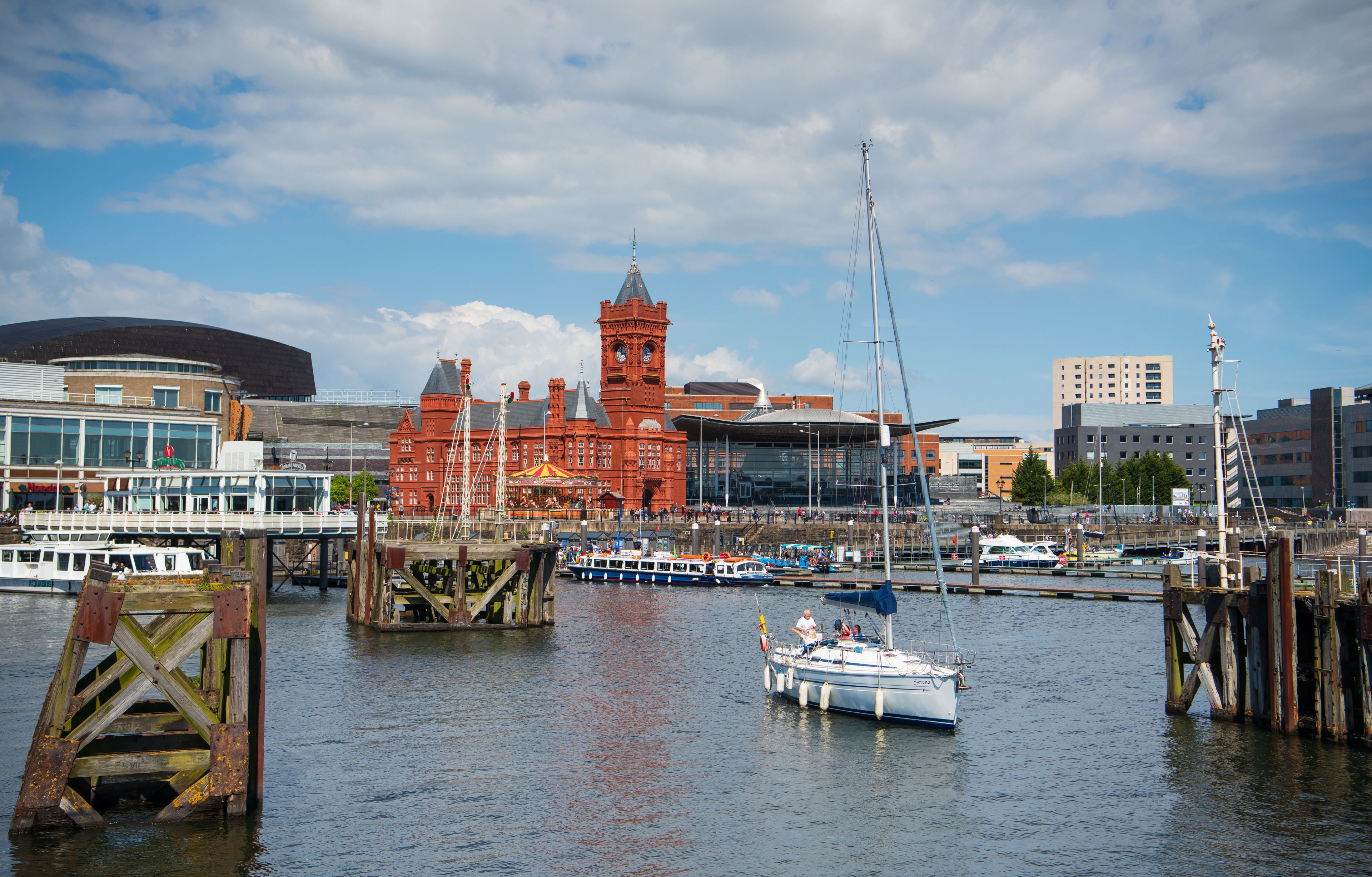 CARDIFF, UNITED KINGDOM - MAY 13: A general view of Cardiff Bay showing Mermaid Quay, the Pierhead Building and the home of the Welsh National Assembly the Senedd on May 13, 2018 in Cardiff, United Kingdom. (Photo by Matthew Horwood/Getty Images)
