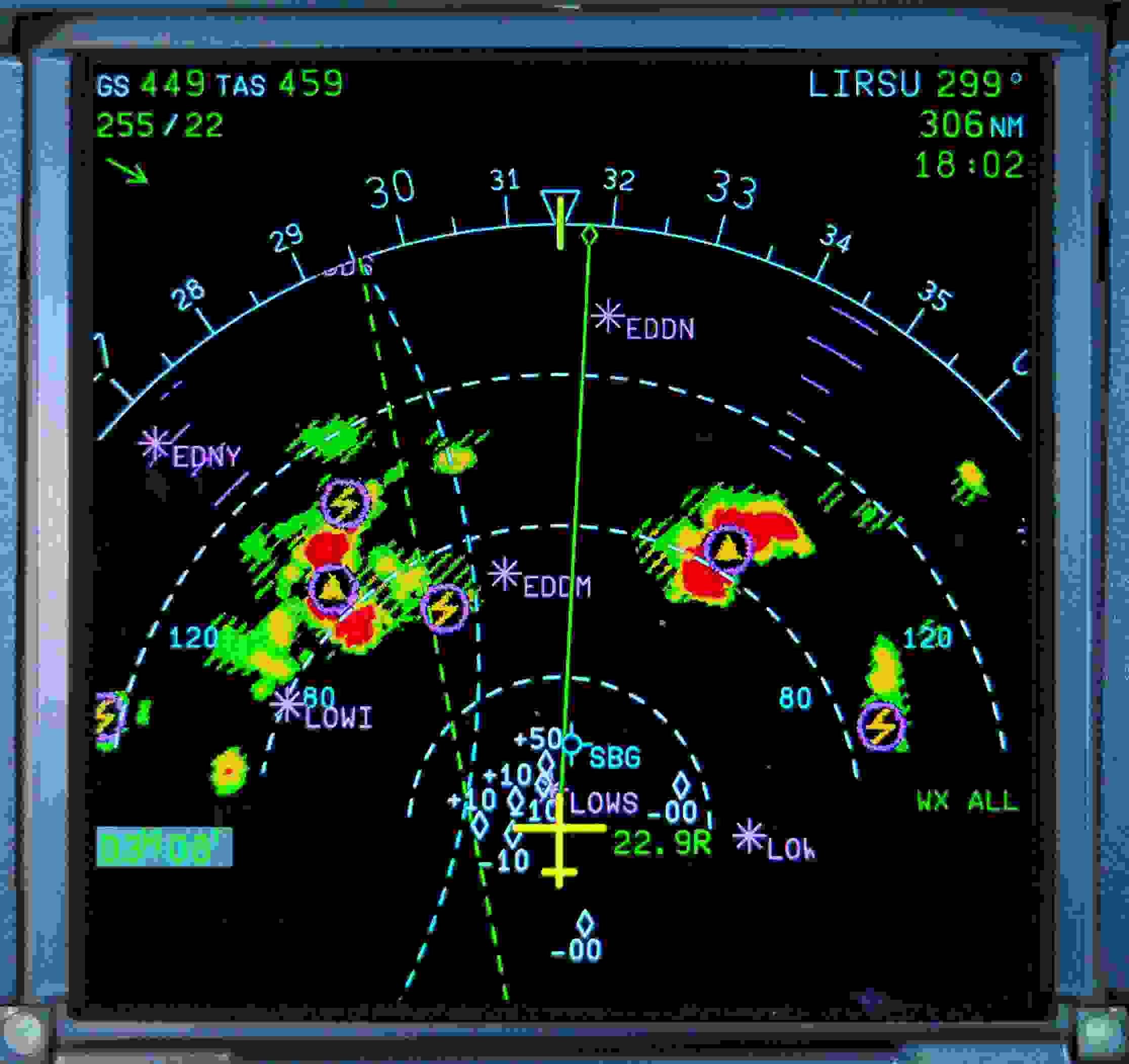 Chris Brady's A320 in the center, with CB cells in red, and if you look closely, lightning and turbulence. Image via Chris Brady.