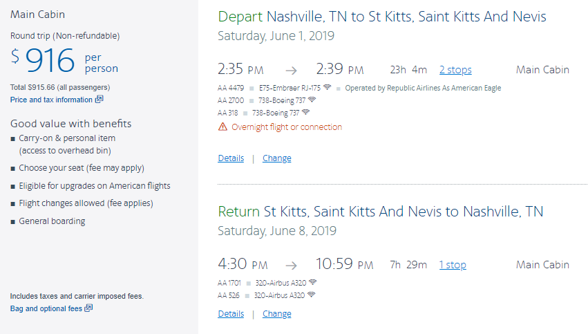 American Airlines Nashville to St Kitts BNA to SKB June 2019 cash price